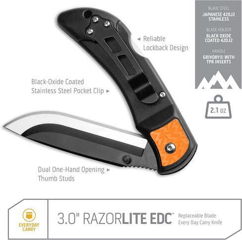 OUTDOOR EDGE 3.0" Orange RazorLite EDC Knife | Pocket Knife with Replaceable Blades and Clip | The Perfect Hunting Knife for Skinning Deer | With 3.0" RazorSafe Replacement Combo Blade Pack, 6-Pieces in Saudi Arabia
