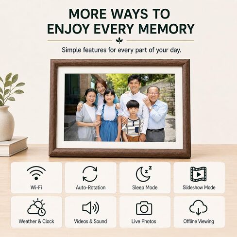 Walnut Wood 8" Digital Picture Frame, Anti-Glare, 48GB Total Storage: 16GB Built-in + 32GB MicroSD, Small Electronic Photo Frame, 1280x800 HD Touchscreen, Auto Rotate, WiFi Sharing in Saudi Arabia