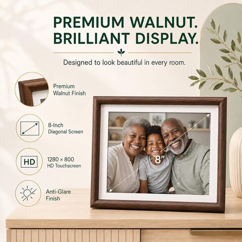 Walnut Wood 8" Digital Picture Frame, Anti-Glare, 48GB Total Storage: 16GB Built-in + 32GB MicroSD, Small Electronic Photo Frame, 1280x800 HD Touchscreen, Auto Rotate, WiFi Sharing in Saudi Arabia