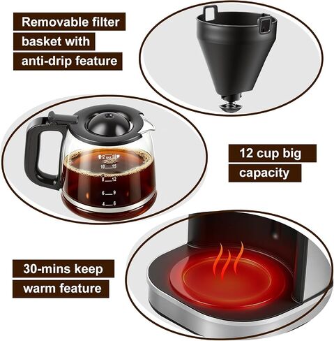 CUSIMAX Drip Coffee Maker 12 Cup Programmable Coffee Machine with 24H Timer, LCD Screen & Easy Control Dial, Brew Pause, Aroma Selector, Keep Warm Glass Carafe Coffee Makers, Magnetic Scoop in Saudi Arabia