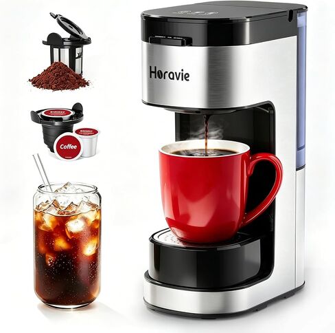 Horavie Single Serve Coffee Maker, Hot and Iced Coffee Maker for Pod and Ground, 6 to 14 Oz Brew Sizes Single Cup Coffee Maker with Descaling Alert, Ideal for Home, Travel, RV and Dorm,Black in Saudi Arabia