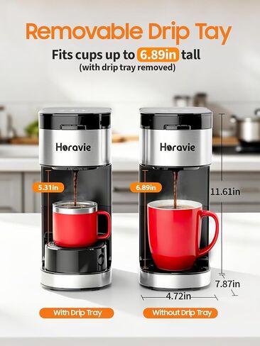 Horavie Single Serve Coffee Maker, Hot and Iced Coffee Maker for Pod and Ground, 6 to 14 Oz Brew Sizes Single Cup Coffee Maker with Descaling Alert, Ideal for Home, Travel, RV and Dorm,Black in Saudi Arabia