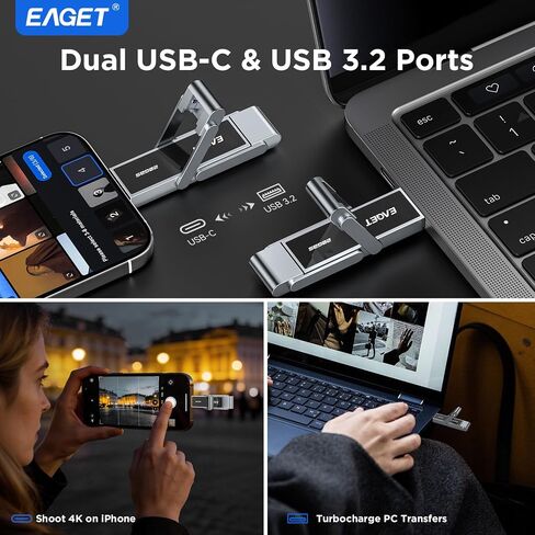 محرك أقراص فلاش USB مزدوج عالي السرعة EAGET سعة 512 جيجابايت، يصل إلى 2100 ميجابايت/ثانية، SSD محمول مع USB 3.2 + USB-C، إطار معدني وتصميم نافذة شفافة، شريحة ذاكرة خارجية لهاتف iPhone 15/16/17، Android، الكمبيوتر الشخصي، Mac in Kuwait