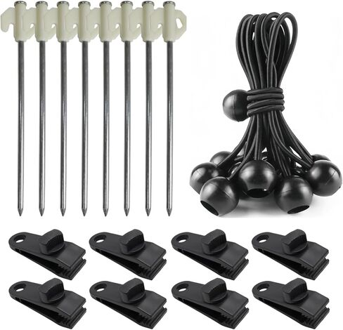 Heavy Duty Tarp Clips with Adjustable Screw Lock Grip, Bungee Cords & Non-Rust Metal Tent Stakes - Large Camping Stakes (24 Pcs) for Tarps, Pool Covers, Awnings, Outdoor Camping & More in Saudi Arabia