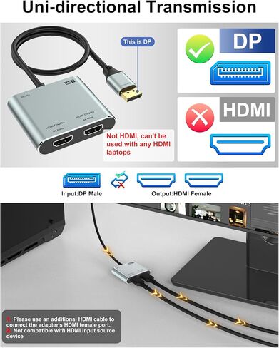 DisplayPort to Dual HDMI Adapter, 4K@60Hz HDMI Splitter Extended Display 1 in 2 Out MST Hub for Dual Monitors, Display Port to HDMI Splitter for PC, NVIDIA, AMD Graphic Card in Saudi Arabia