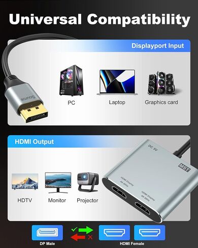DisplayPort to Dual HDMI Adapter, 4K@60Hz HDMI Splitter Extended Display 1 in 2 Out MST Hub for Dual Monitors, Display Port to HDMI Splitter for PC, NVIDIA, AMD Graphic Card in Saudi Arabia