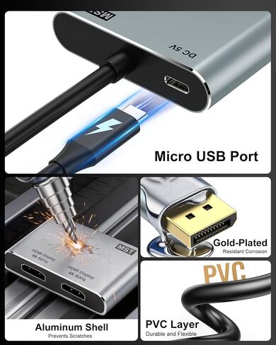 DisplayPort to Dual HDMI Adapter, 4K@60Hz HDMI Splitter Extended Display 1 in 2 Out MST Hub for Dual Monitors, Display Port to HDMI Splitter for PC, NVIDIA, AMD Graphic Card in Saudi Arabia