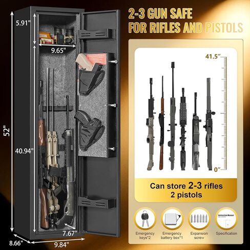 [No Assembly Required] 2-3 Gun Safes for Rifles, Long Gun Safe with 3 Unlock Methods, Rifle Safe with Removable Shelf and Anti-Theft Alarm, Gun Cabinet with LED for Living Room and Garage in Saudi Arabia