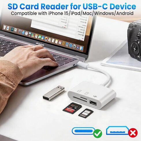 USB‑C 3‑in‑1 USB 3.0 SD/Micro SD TF Card Reader with Dual Slots & USB‑A Port, High Speed Memory Card Adapter for iPhone 15/16/17 Pro Max, iPad, Mac MacBook Pro/Air, Android Type‑C Laptops in Saudi Arabia