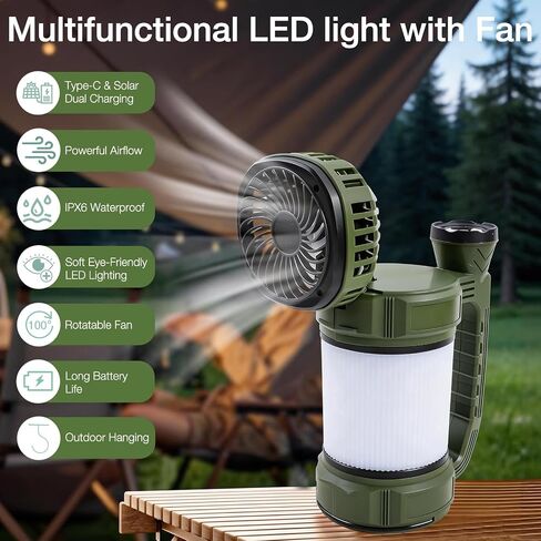 فانوس تخييم LED قابل لإعادة الشحن، فانوس محمول 6000 مللي أمبير في الساعة، مروحة تخييم مع مصباح يدوي LED، مصباح كشاف محمول فائق السطوع لطوارئ الإعصار، والانقطاع، والتخييم، والمشي لمسافات طويلة in Kuwait