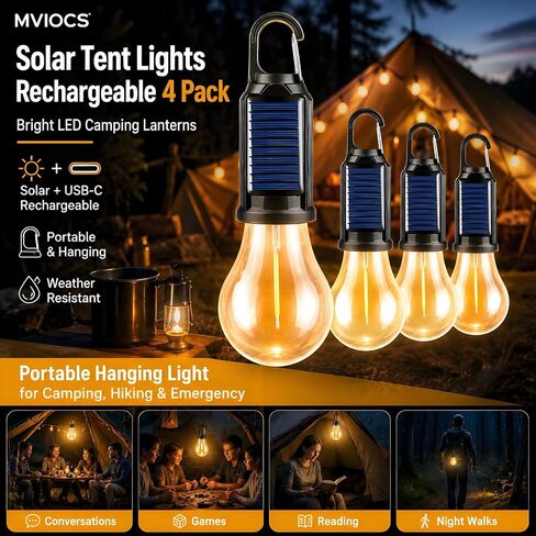 4 Pack Led Camping Lantern Solar Rechargeable,Outdoor Tent Lights for Camping Essentials, Hanging Light Bulbs with Clip Hook Camping Flashlight in Kuwait