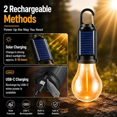 4 Pack Led Camping Lantern Solar Rechargeable,Outdoor Tent Lights for Camping Essentials, Hanging Light Bulbs with Clip Hook Camping Flashlight in Kuwait