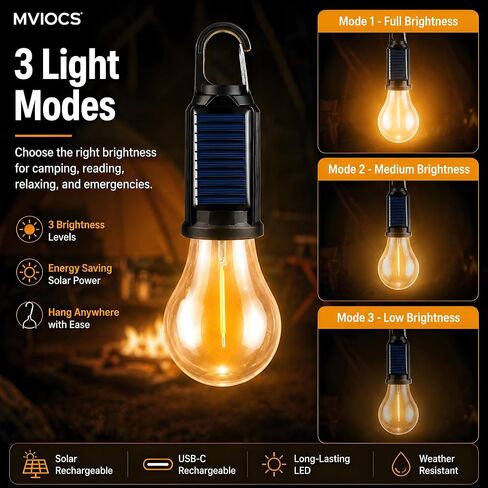 4 Pack Led Camping Lantern Solar Rechargeable,Outdoor Tent Lights for Camping Essentials, Hanging Light Bulbs with Clip Hook Camping Flashlight in Kuwait