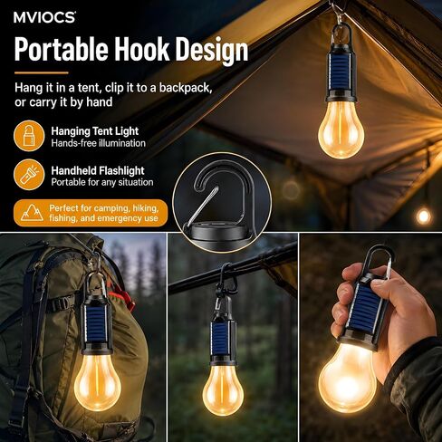 4 Pack Led Camping Lantern Solar Rechargeable,Outdoor Tent Lights for Camping Essentials, Hanging Light Bulbs with Clip Hook Camping Flashlight in Kuwait
