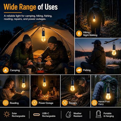 4 Pack Led Camping Lantern Solar Rechargeable,Outdoor Tent Lights for Camping Essentials, Hanging Light Bulbs with Clip Hook Camping Flashlight in Kuwait