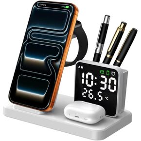 5 in 1 Wireless Charging Station with Alarm Clock Pen Holder, Fast Wireless Charger for iPhone 17/16/15/14/13/12/Pro/Max/Air, for iWatch & AirPods, Charger Stand with Temperature, Snooze Model Black in Saudi Arabia
