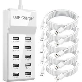 10-Port USB Charging Station, 50W 10A Desktop Charger with 5 A-to-C Cables in Saudi Arabia