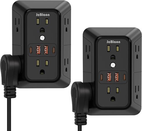 عبوتان من موسع منافذ الحائط، 6 منافذ مقسمة مع 4 منافذ USB (2 USB C)، 3 قابس متعدد الجوانب 1050J مع واقي من التيار الزائد للمنزل والمكتب والمطبخ والسفر - ETL in Kuwait