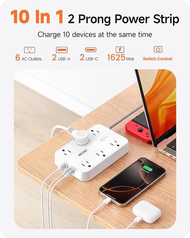 LENCENT 2 Prong Surge Protector Power Strip, 6 Ft Flat Plug Extension Cord in Kuwait