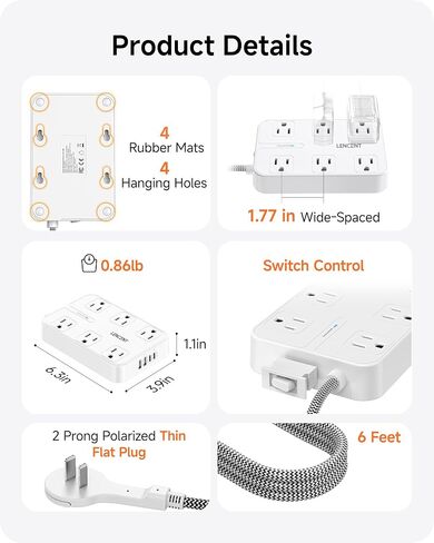 LENCENT 2 Prong Surge Protector Power Strip, 6 Ft Flat Plug Extension Cord in Kuwait