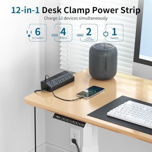 Desk Clamp Power Strip 10FT, 40W Total Fast Charging Station, Black in Kuwait