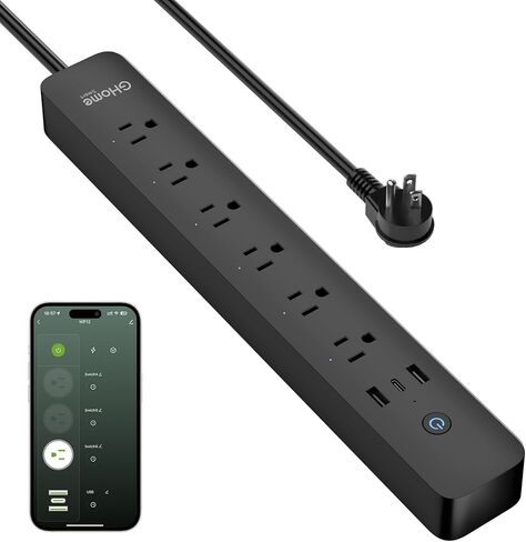 GHome Smart Plug Power Strip with 6 Smart Outlets & 3 USB Ports (30W Fast Charge, 2A1C), WiFi Surge Protector Works with Alexa & Google Home, Energy Monitoring, 2.4GHz Only, No Hub Required, Black in Kuwait