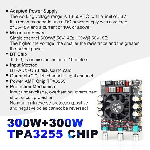 ZK-3002T 300W+300W Bluetooth Digital Amplifier Board TPA3255 Chip 2.0 Channel with Bluetooth/3.5mm AUX Input/USB Input,with Treble and Bass Adjustment in Kuwait