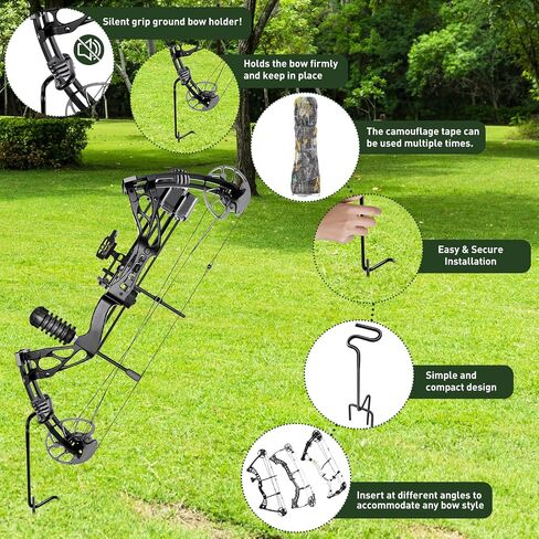 2 Pack Ground Bow Holder, Rustproof Hunting Ground Blind Bow Holder with Self-Adhesive CamouflageTape Rubber Coated Compound Bow Holder Versatile Archery Ground Stake Bow Stand for Hunting Practice in Kuwait