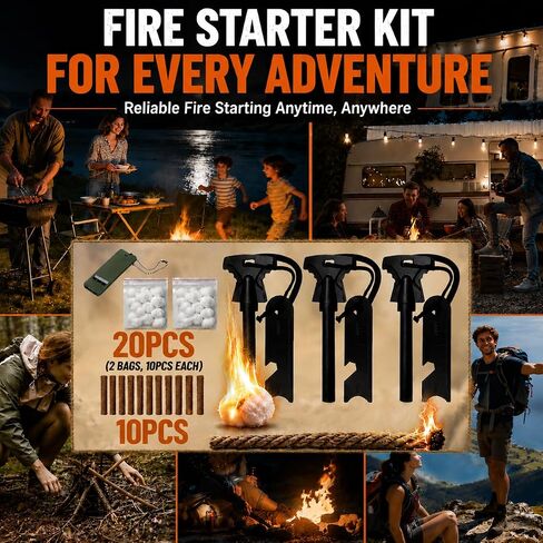 34PCS Fire Starter Survival Kit with 3 Ferro Rods & Striker Tinder in Kuwait
