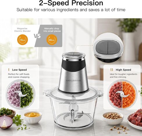 MEGAWISE Electric Food Processor, 800W Meat Grinder & Vegetable Chopper - 2 Bowls (3L Stainless Steel + 3L Glass) with 4 Blades, Dual-Speed Food Chopper for Meat, Fruits, Vegetables, and Nuts in Saudi Arabia
