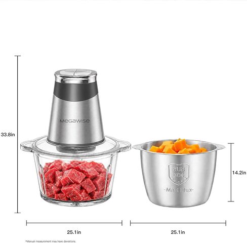 MEGAWISE Electric Food Processor, 800W Meat Grinder & Vegetable Chopper - 2 Bowls (3L Stainless Steel + 3L Glass) with 4 Blades, Dual-Speed Food Chopper for Meat, Fruits, Vegetables, and Nuts in Saudi Arabia