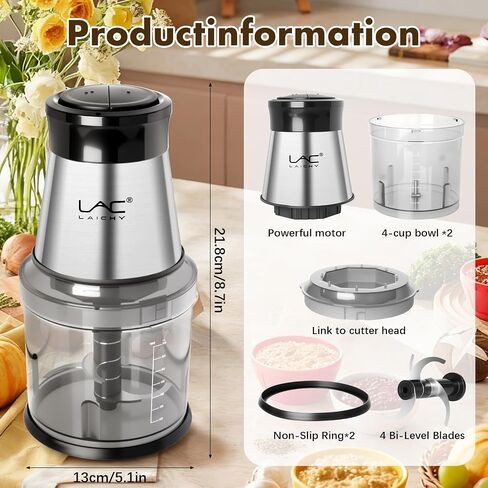Mini Small Food Processor 4 Cup,Meat Grinder with 2 Bowls,Electric Food Chopper,Powerful Motor 2 Speed & 4 Blades for Baby Food,Meat,Onion,Vegetables in Saudi Arabia