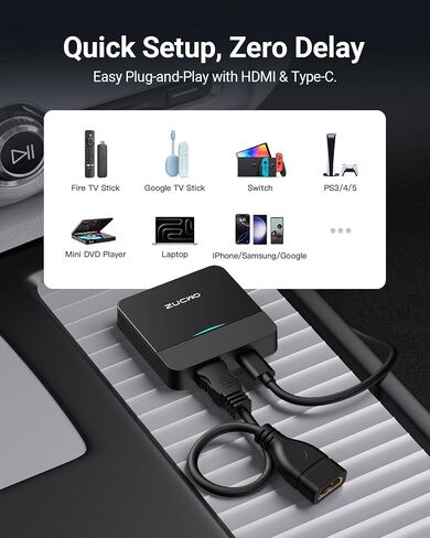 ZUCWO Wireless CarPlay Adapter & Car TV Mate Support Video HDMI Converter for TV Stick/Game Machine, 2-in-1 CarPlay HDMI Multimedia for Cars with Factory Wired CarPlay from 2016, Plug & Play, Black in Saudi Arabia
