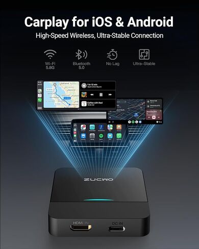 ZUCWO Wireless CarPlay Adapter & Car TV Mate Support Video HDMI Converter for TV Stick/Game Machine, 2-in-1 CarPlay HDMI Multimedia for Cars with Factory Wired CarPlay from 2016, Plug & Play, Black in Saudi Arabia