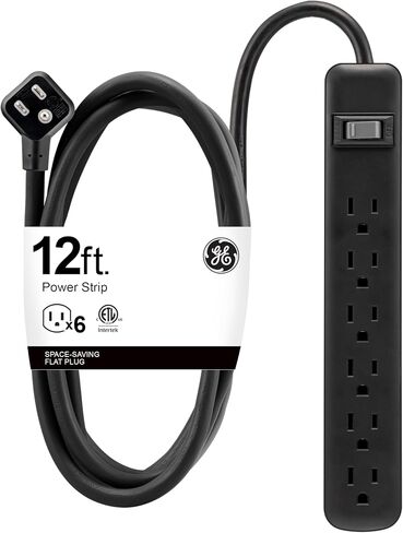 GE 6 Outlet Power Strip, 12 Ft Long Extension Cord, 3 Prong Outlets, UL Listed, Black, 45192 in Saudi Arabia