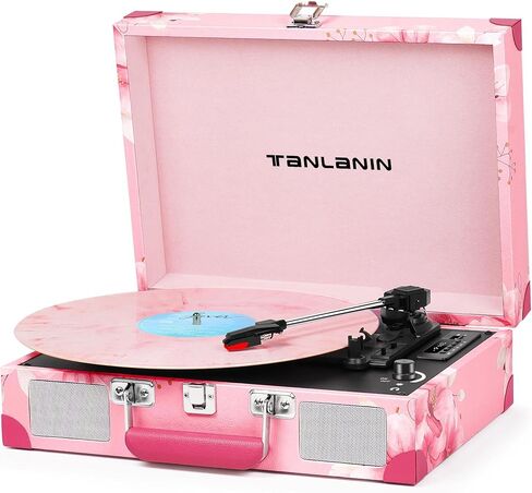Record Player with Built-in Stereo Speakers 3-Speed Bluetooth Portable Suitcase Vinyl Record Player Treble & Bass Gain Belt Drive Vintage Turntable AUX Line-in/Out, White in Saudi Arabia