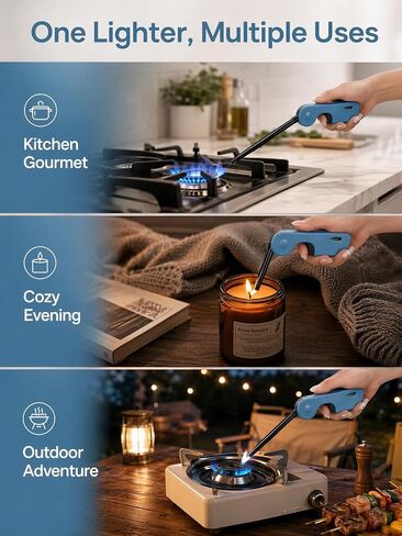 4 Pack Long Candle Lighters, (Fuel Not Included) Foldable Refillable Butane Lighters with Hook, Visible Fuel Window and Open Flame for Candles, Grill, Fireplace, Camping in Saudi Arabia
