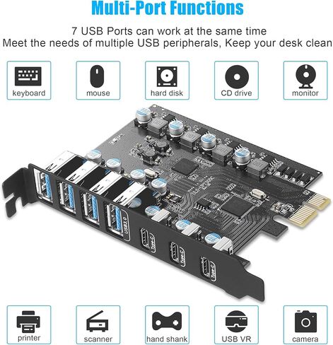 Sinefine 10Gbps PCIe USB 3.2/3.1 Gen 2 Card 7 Ports (3X Type USB C - 4 USB A) Expansion Card PCIe Card in Kuwait