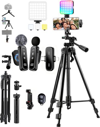 Vlogging Kit for iPhone/Android, TikTok YouTube Starter Kit for Video Recording with Magnetic Wireless Microphone, Full Size Camera Tripod, Table Tripod, RGB Fill Light, Content Creator Essentials in Saudi Arabia