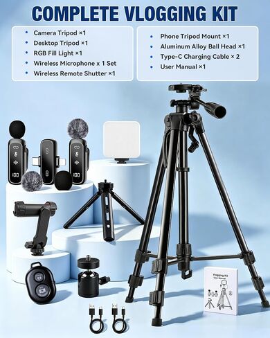 Vlogging Kit for iPhone/Android, TikTok YouTube Starter Kit for Video Recording with Magnetic Wireless Microphone, Full Size Camera Tripod, Table Tripod, RGB Fill Light, Content Creator Essentials in Saudi Arabia