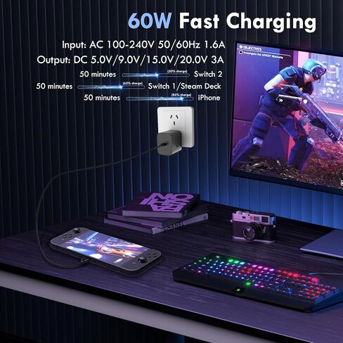 60W Switch 2 Charger with USB-C Fast Charger for Nintendo Switch 2 - Support PD and QC 3.0,Extra Long 5FT Charging Cable, Support 4K TV Dock Mode,Replacement for Switch 2 Official Charger in Kuwait