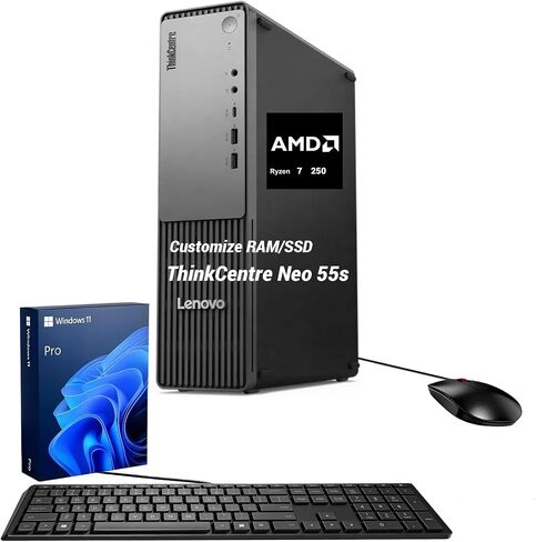 Lenovo ThinkCentre neo 55q Gen 6 Business MFF Desktop, AMD Ryzen 5 220, Customized 16GB-64GB DDR5 SODIMM, 512GB-2TB SSD, Support 3-Monitor 4K, HDMI, DP, Wired KB & Mouse, Wi-Fi 7, Windows 11 Pro in Kuwait