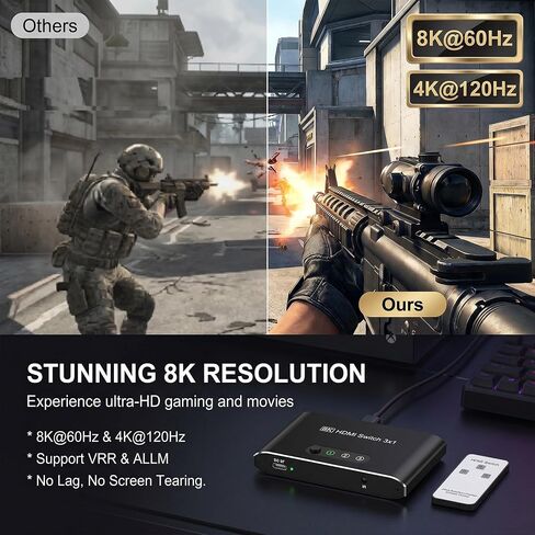 محول HDMI 2.1 8K 3 في 1، محول HDMI من الألومنيوم مع مفتاح تحكم عن بعد وتلقائي، يدعم 4K@120 هرتز، HDCP 2.3، صندوق محدد مقسم HDMI متوافق مع PS5، Apple TV، وحدات التحكم بالألعاب، Fire Stick، الكمبيوتر الشخصي in Kuwait
