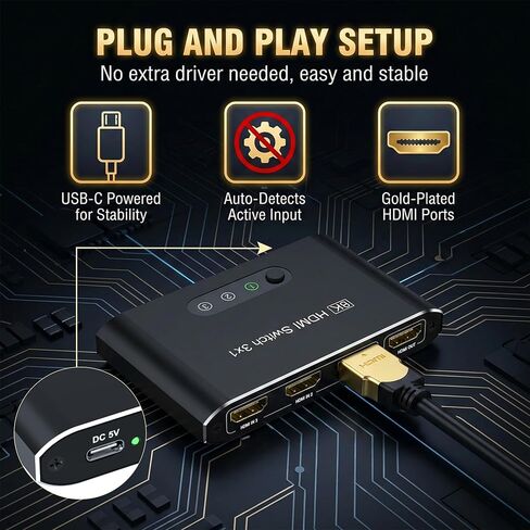 محول HDMI 2.1 8K 3 في 1، محول HDMI من الألومنيوم مع مفتاح تحكم عن بعد وتلقائي، يدعم 4K@120 هرتز، HDCP 2.3، صندوق محدد مقسم HDMI متوافق مع PS5، Apple TV، وحدات التحكم بالألعاب، Fire Stick، الكمبيوتر الشخصي in Kuwait