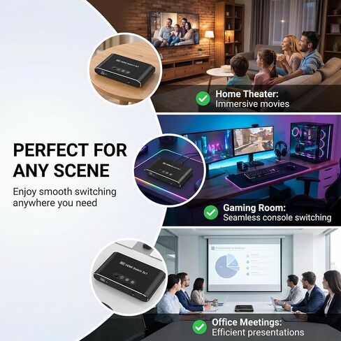 محول HDMI 2.1 8K 3 في 1، محول HDMI من الألومنيوم مع مفتاح تحكم عن بعد وتلقائي، يدعم 4K@120 هرتز، HDCP 2.3، صندوق محدد مقسم HDMI متوافق مع PS5، Apple TV، وحدات التحكم بالألعاب، Fire Stick، الكمبيوتر الشخصي in Kuwait