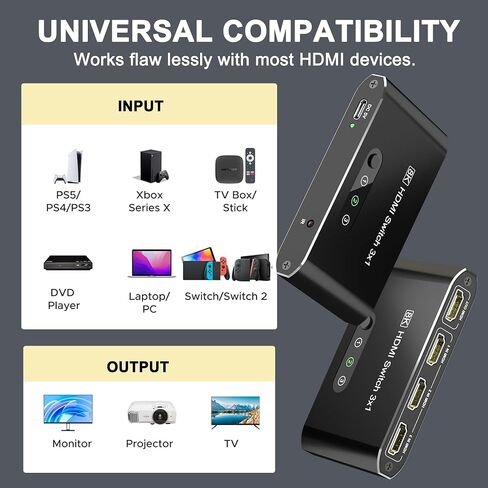 محول HDMI 2.1 8K 3 في 1، محول HDMI من الألومنيوم مع مفتاح تحكم عن بعد وتلقائي، يدعم 4K@120 هرتز، HDCP 2.3، صندوق محدد مقسم HDMI متوافق مع PS5، Apple TV، وحدات التحكم بالألعاب، Fire Stick، الكمبيوتر الشخصي in Kuwait