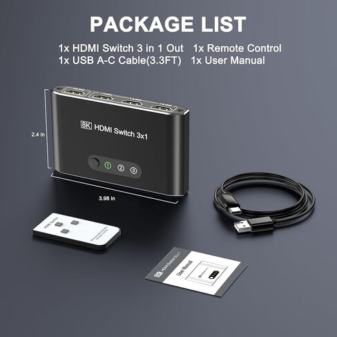 محول HDMI 2.1 8K 3 في 1، محول HDMI من الألومنيوم مع مفتاح تحكم عن بعد وتلقائي، يدعم 4K@120 هرتز، HDCP 2.3، صندوق محدد مقسم HDMI متوافق مع PS5، Apple TV، وحدات التحكم بالألعاب، Fire Stick، الكمبيوتر الشخصي in Kuwait