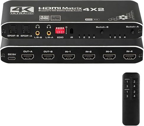 HDMI Matrix Switch 4x2, 4K HDMI Matrix Switcher Splitter 4 in 2 Out Box with EDID Extractor and IR Remote Control Support 4K HDR, HDMI 2.0b, HDCP 2.2, 4K@60Hz, 3D, 1080P in Saudi Arabia