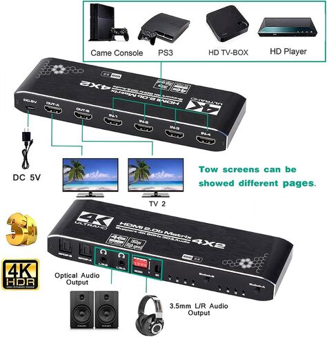 HDMI Matrix Switch 4x2, 4K HDMI Matrix Switcher Splitter 4 in 2 Out Box with EDID Extractor and IR Remote Control Support 4K HDR, HDMI 2.0b, HDCP 2.2, 4K@60Hz, 3D, 1080P in Saudi Arabia