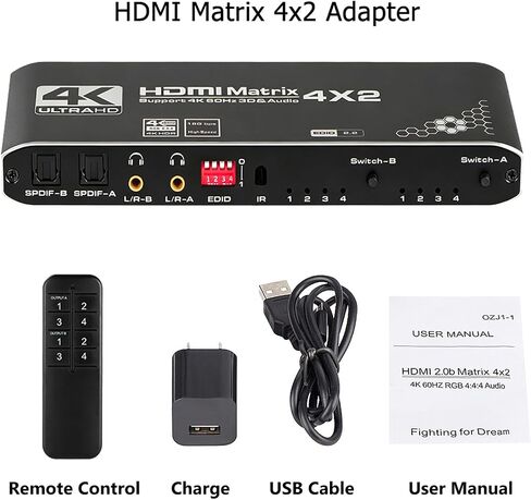 HDMI Matrix Switch 4x2, 4K HDMI Matrix Switcher Splitter 4 in 2 Out Box with EDID Extractor and IR Remote Control Support 4K HDR, HDMI 2.0b, HDCP 2.2, 4K@60Hz, 3D, 1080P in Saudi Arabia